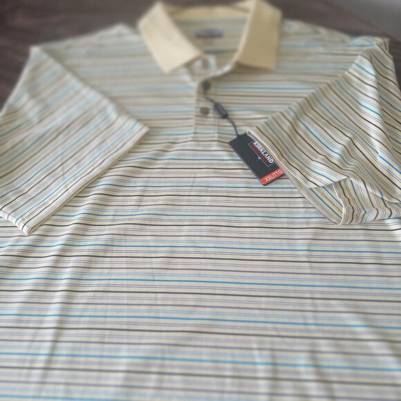 Kirkland Signature Men's Performance Polo Shirt Polyester Yellow W/Striped Blue - Picture 4 of 4